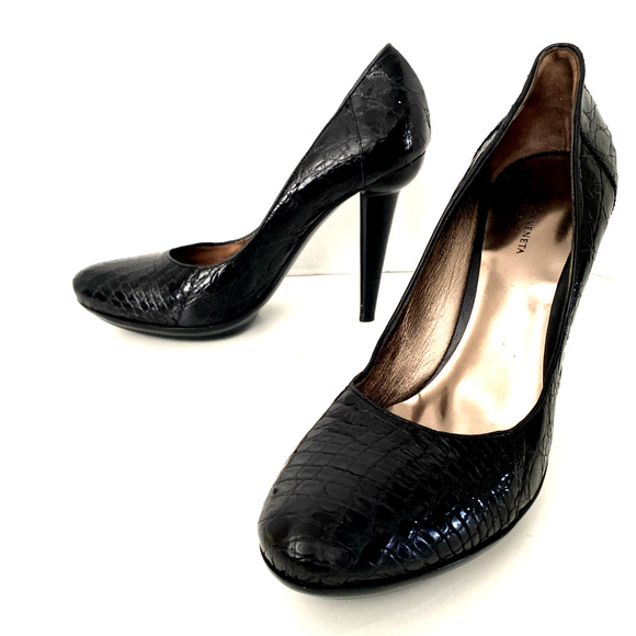 Bottega Veneta Pump Black Croc Leather Round Toe Slim Heel Italy Slip On 39 9 - Picture 8 of 12